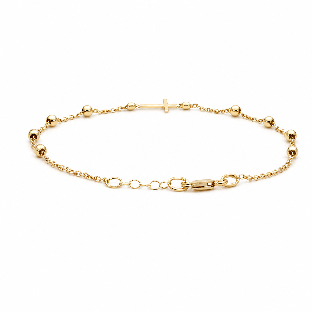 14K Yellow Gold Women's Cross Bracelet With Balls / Size: 7.5" / Weight: 2.1 GR / 031-07111