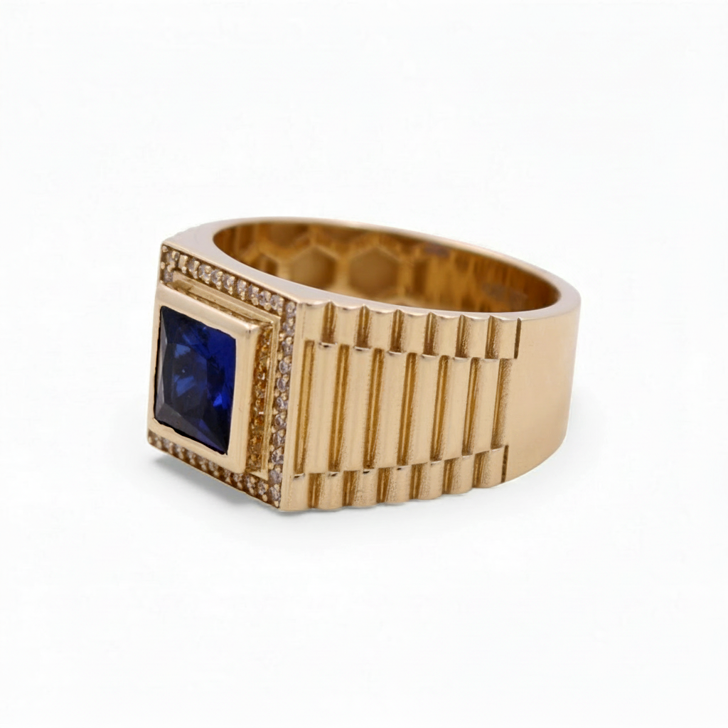 14K Yellow Gold Fashion Square Men's Ring with Blue Cz / Size 10 / Weight: 8.3 GR / COMR4FS-74