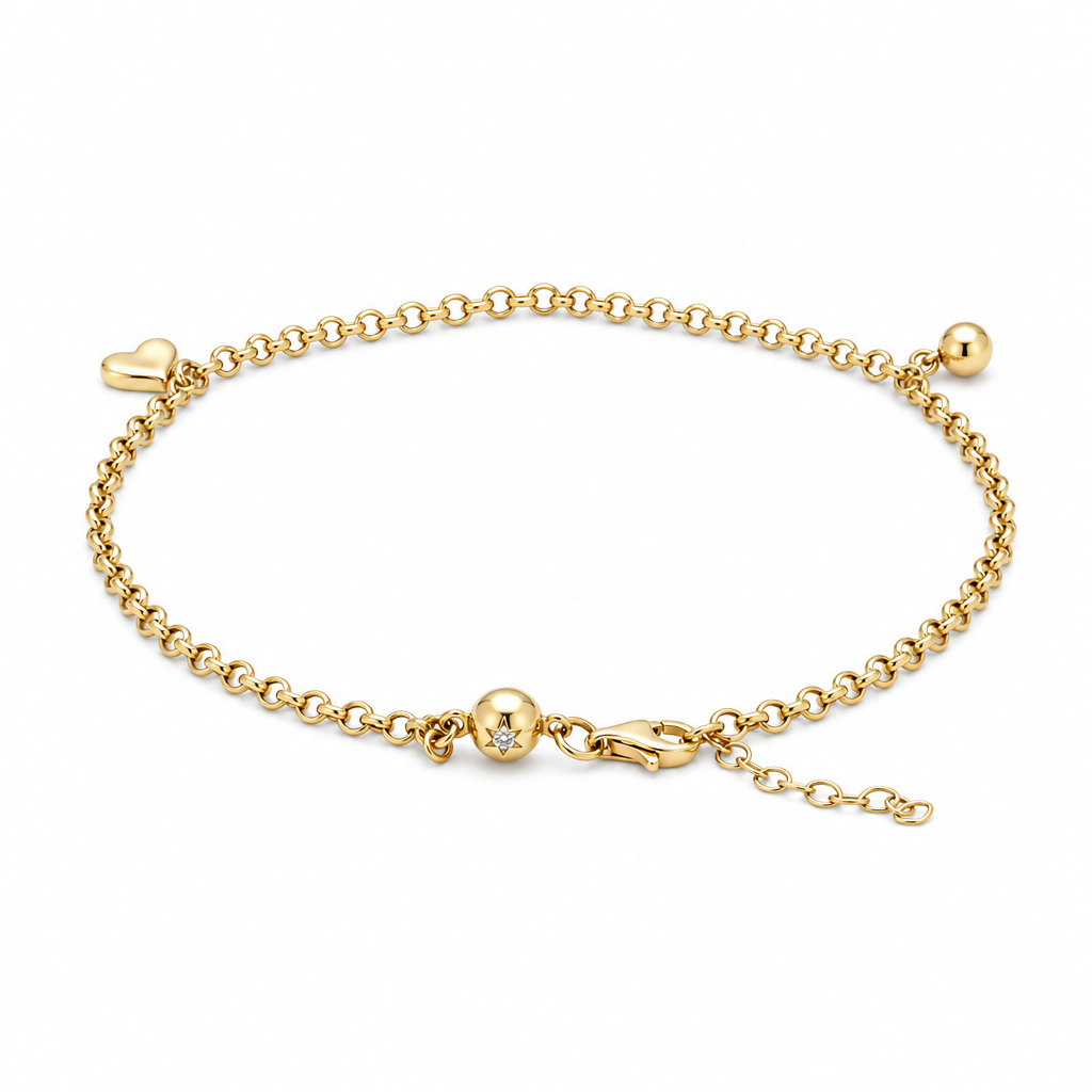 14k Yellow Gold Rolo Link Women's Anklet Bracelet with Charms and Cz / Size: 10.5" / Weight: 4.2 GR / CCFAB4FS-3