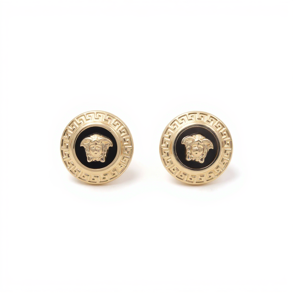 10K Yellow Gold Round Medusa's Stud Earrings with Greek and Onyx / Weight: 2 GR / CQES0VS