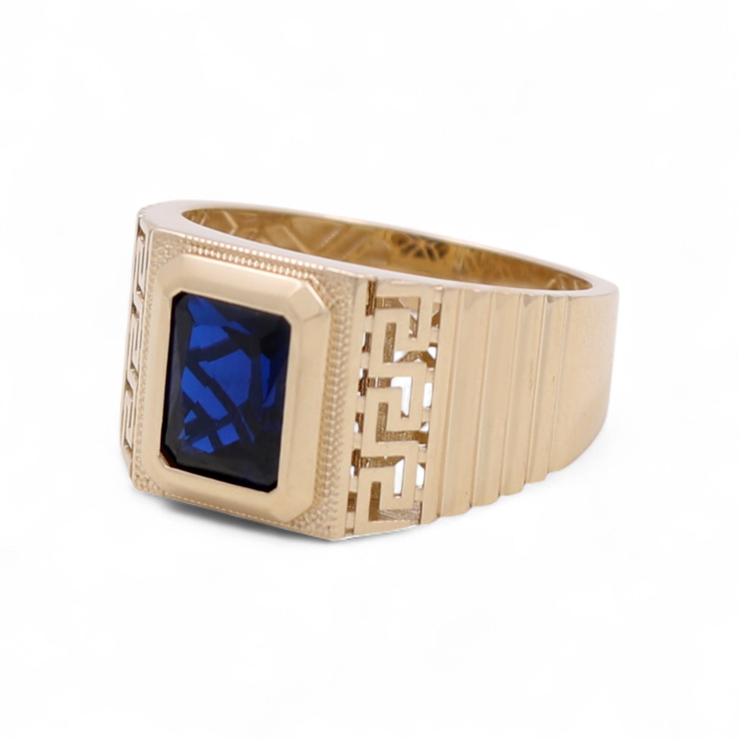 10K Yellow Gold SQ Men's Ring With Blue Cz and Greek / Size: 11 / Weight: 4.6 GR / DQMR0GR