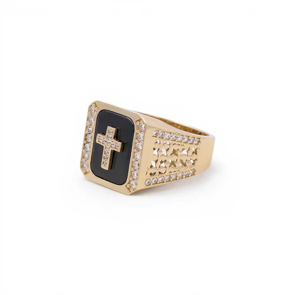 10K Yellow Gold SQ Cross Men's Ring with Onyx and Cz / Size: 10.5 / Weight: 7.7 GR / BQMR0CS
