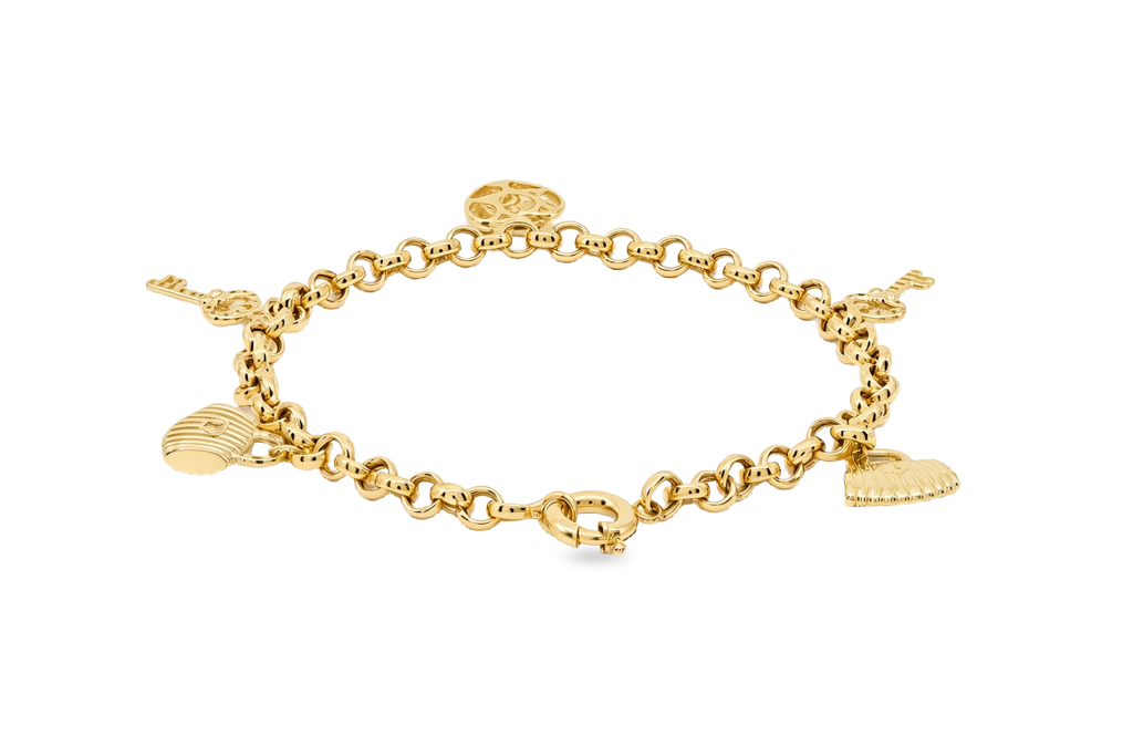 10K Yellow Gold Rolo Women's Bracelet with Hanging Charms / Size: 7.5" / Weight: 5 GR / B25-94