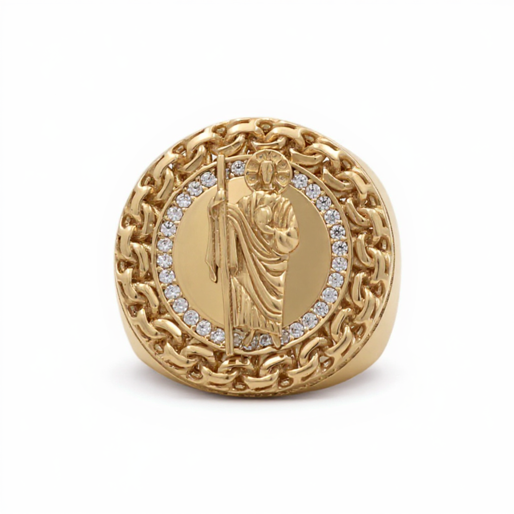14K Yellow Gold San Judas Men's Ring with Greek and Cz / Size: 11 / Weight: 12.9 GR / DOMR4SJ