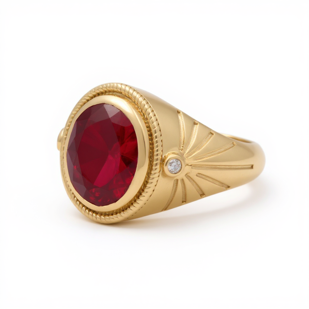 14K Yellow Gold RD Fashion Men's Ring with Red Cz / Size: 11 / Weight: 7.1 GR / BOMR4FS-44