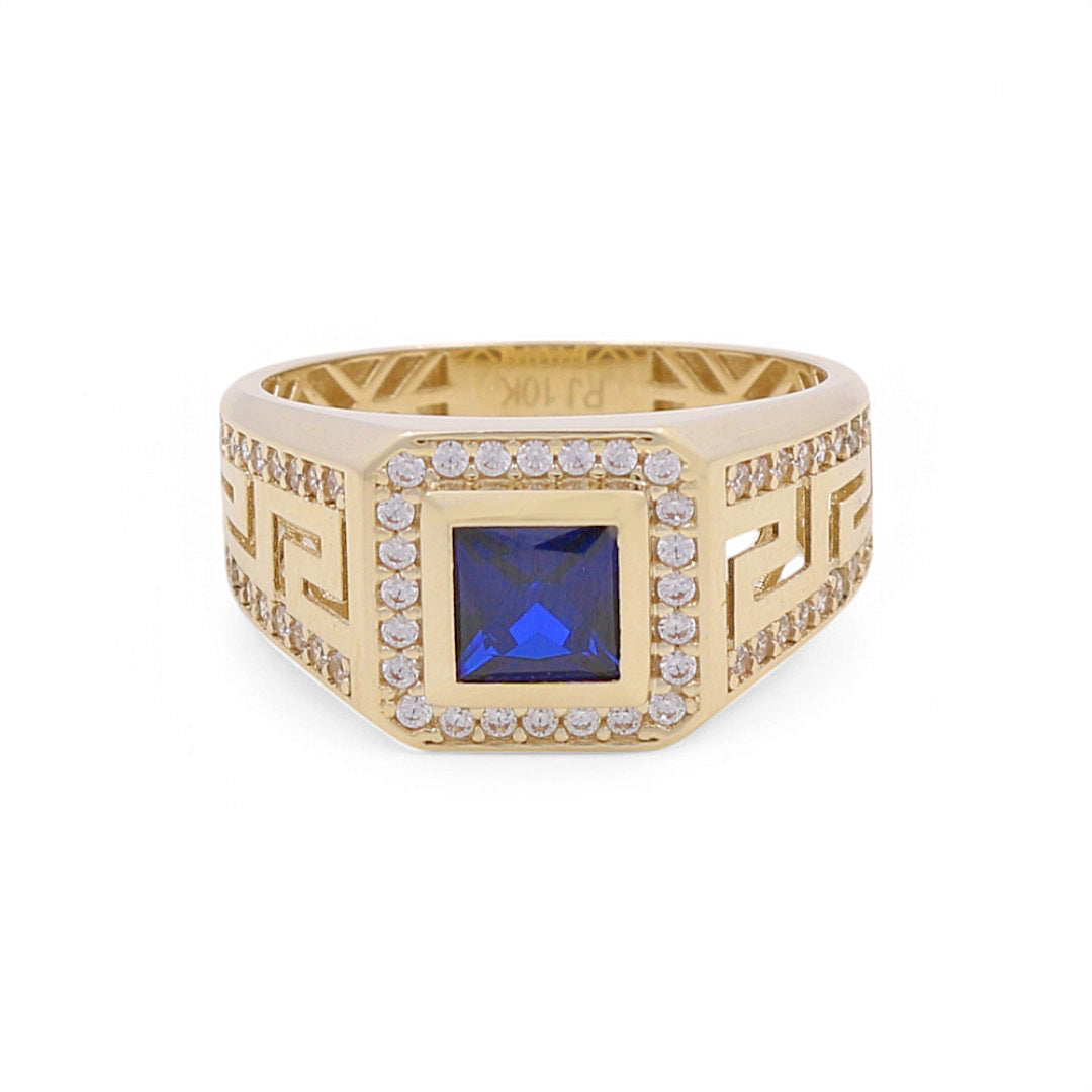 10K Yellow Gold Greek Men's Ring with Blue Cz / Size: 11 / Weight: 5.4 GR / DPMR0GR-1