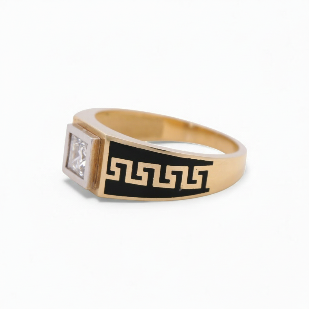 14k Yellow Gold Two Tone Square Men's Ring with Black Enamel and Cz / Size 12 / Weight: 6.6 GR /COMR4SQTTBECZ