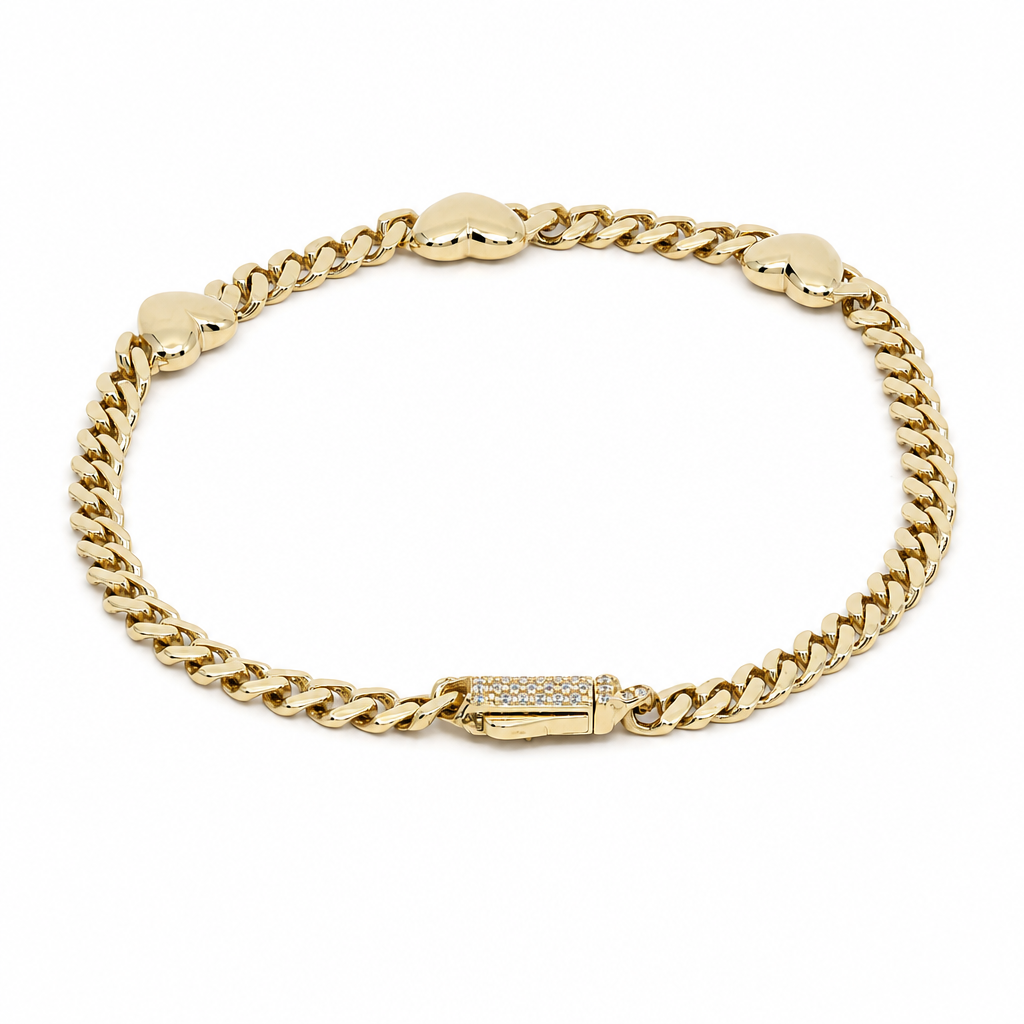 14K Yellow Gold Monaco with Heart & Cz Stone Women's Bracelet / Size: 4mm-7'' / Weight: 5.4gr / MN-4655