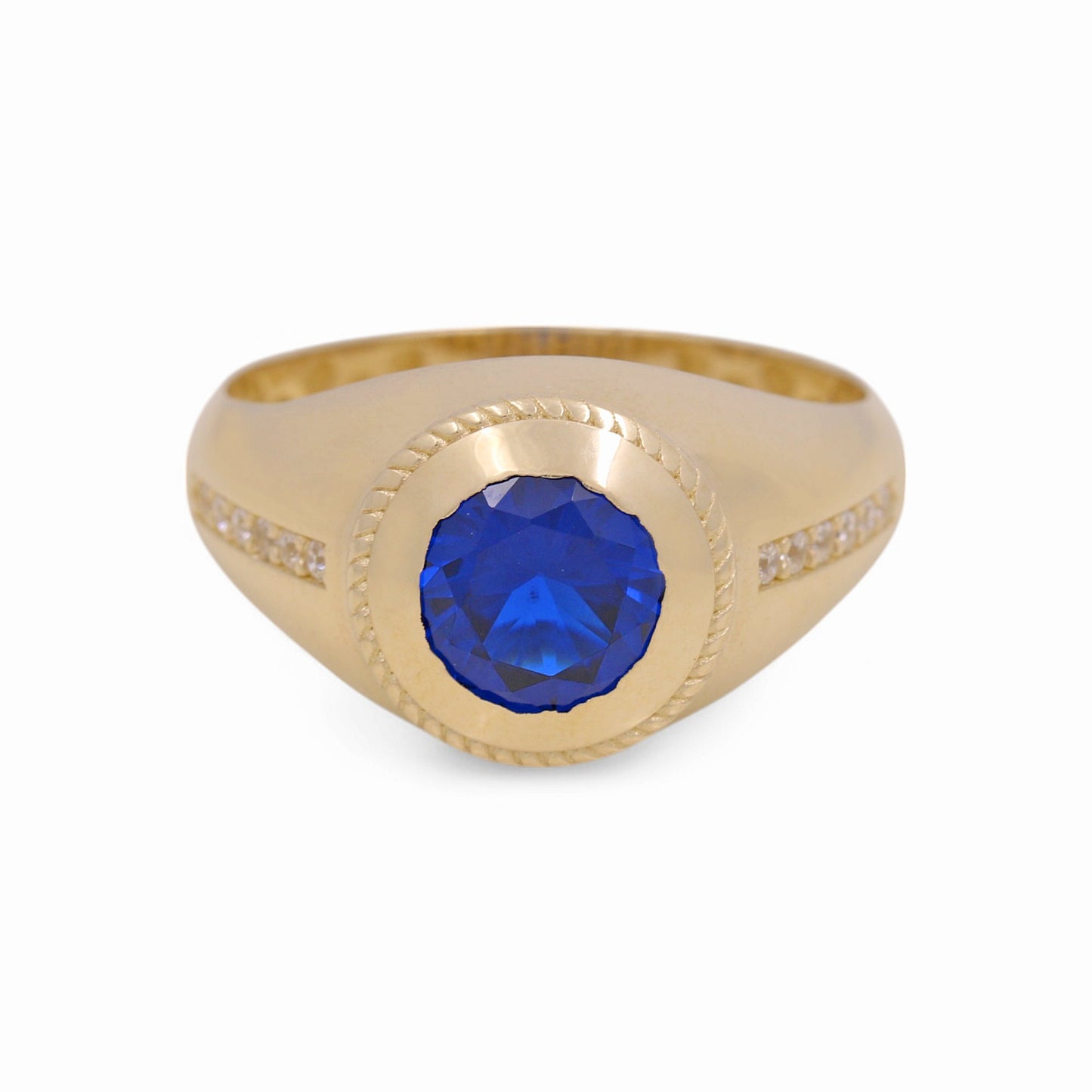 14K Yellow Gold Redondo Fashion Men's Ring with Blue Cz / Size:10 / Weight: 4.1 GR / COMR4FS-69