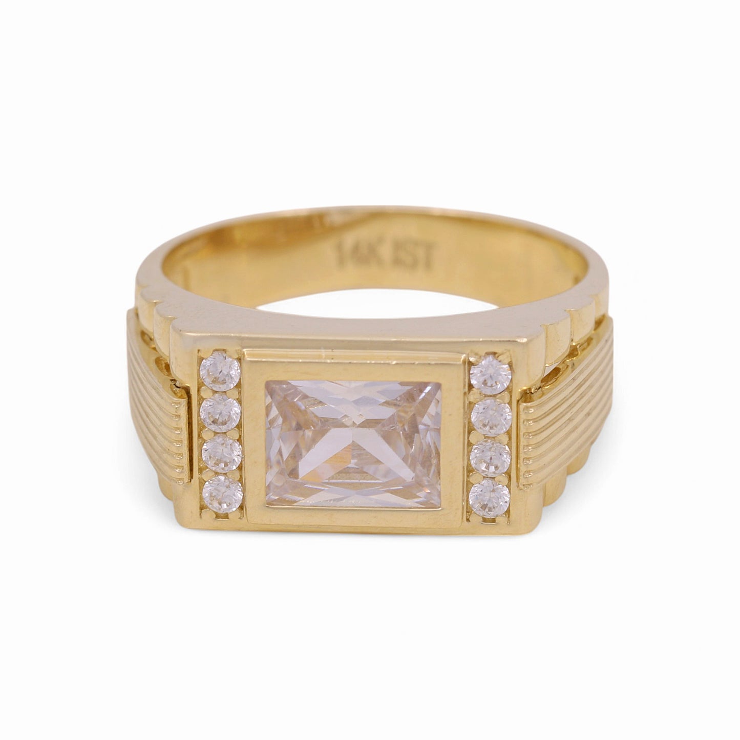 14K Yellow Gold Rectangular Fashion Men's Ring with White Cz / Size: 11 / Weight: 9.1 GR / COMR4FS-64