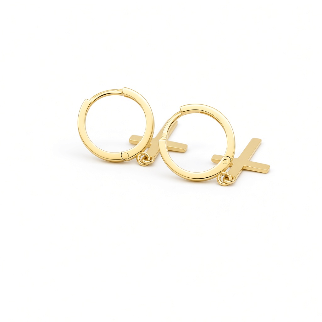 14K Yellow Gold Hoop Earrings with Cross Charm / Weight: 2.3 GR / DOEH4CS