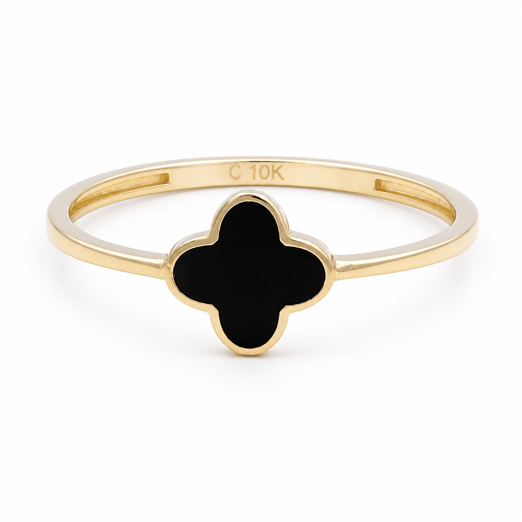 10K Yellow Gold Fashion Women's Black Mini-Clover Ring / Size: 8 / Weight: 0.8 GR / DQWR0CLV-8