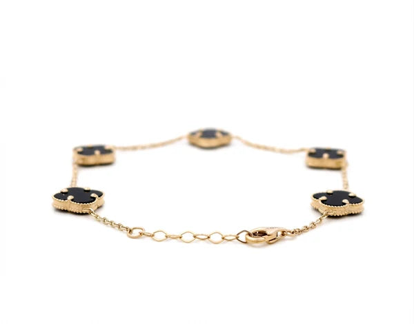 14K Yellow Gold Women's Bracelet with Five Black Clover / Size: 7.5" 9mm / Weight: 4.5 GR / BCFWB4CLV-1