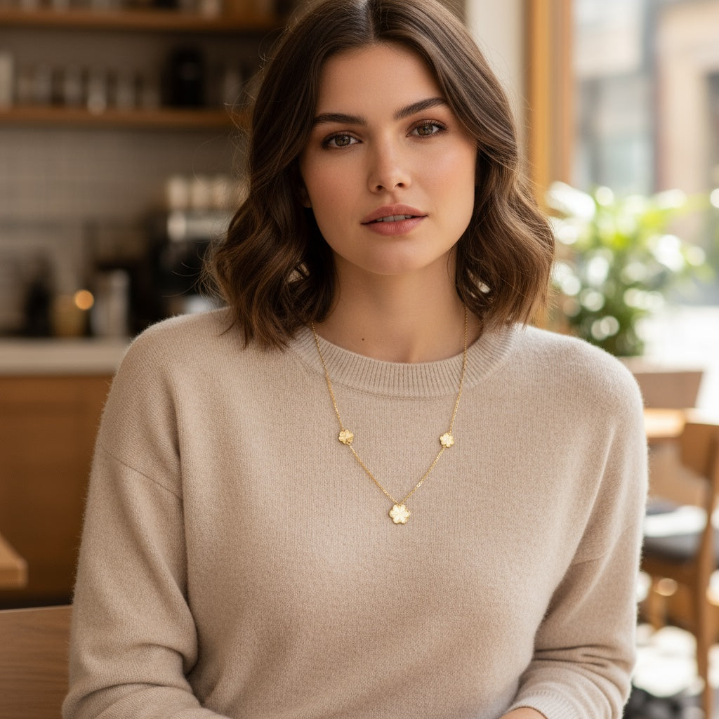 14K Yellow Gold Three Flowers Women's Necklace with Diamond Cut / Size: 17” / Weight: 6.7 GR / CONK4FL-1