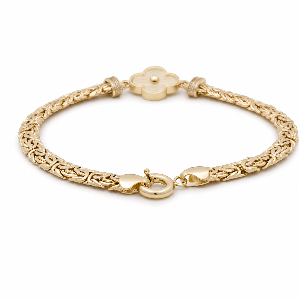 10K TF Yellow Gold Women's Bracelet With Clover and Byzantine Link / Size: 7.5" / Weight: 6.1 GR / DQWB0CLV-6