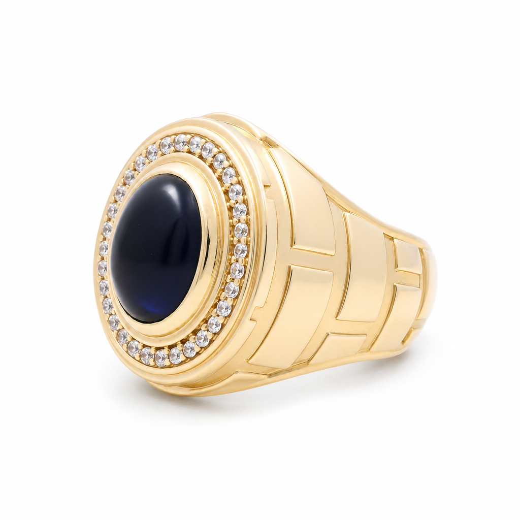 14K Yellow Gold RD Fashion Men’s Ring with Blue and White Cz / Size 11 / Weight: 16 GR / COMR4FS-80
