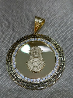 14K Medal Pendant With Christ, Greek and Cz / Weight 14.7gr / COPD4MDCRCZ