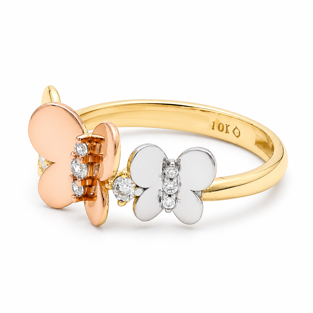 10K Yellow Gold Fashion Women's Ring 3 Toned Butterfly / Size: 7 / Weight: 2.3 GR / DQWR3T0BF