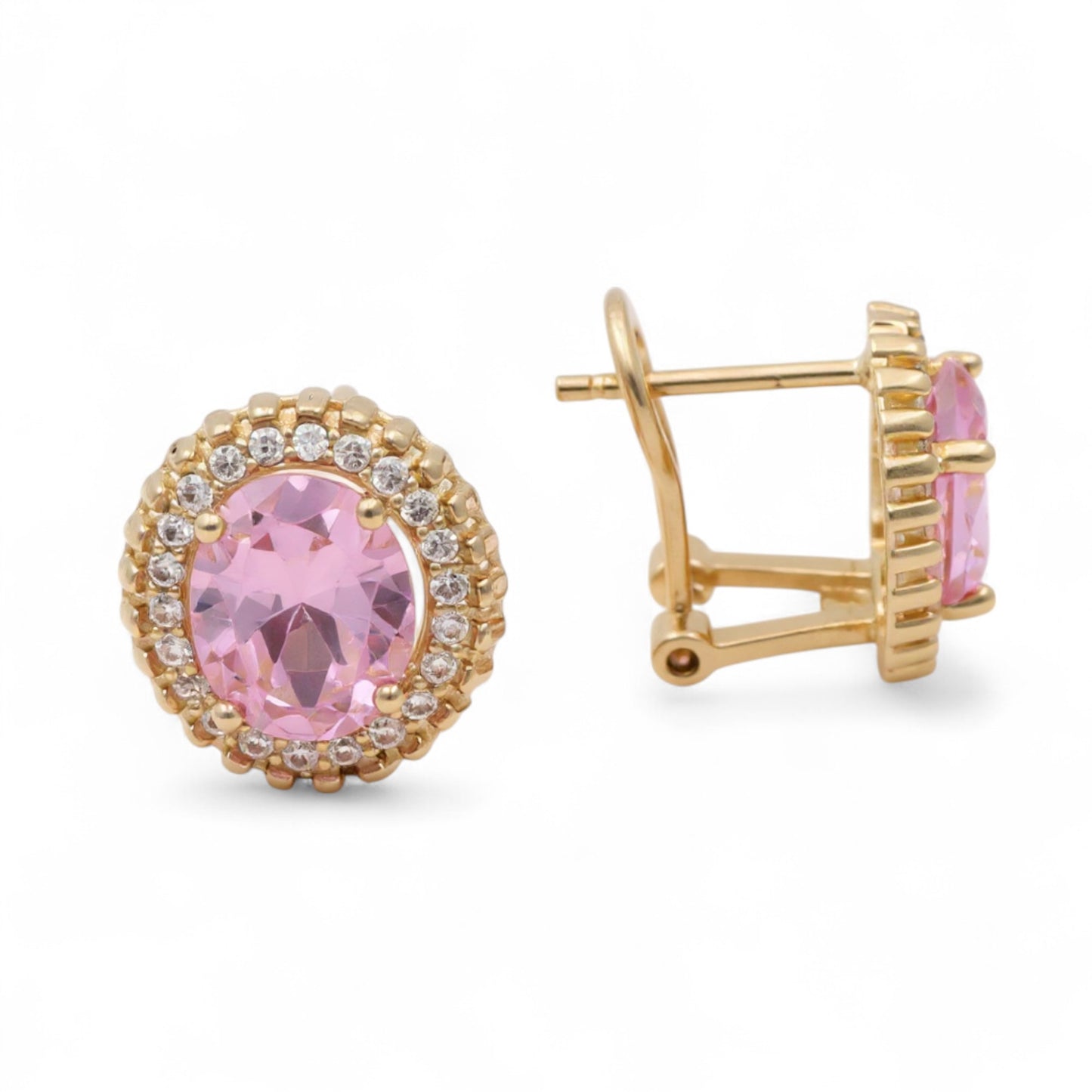 10K Yellow Gold Fashion Omega Stud Earrings with Pink and White Stones / Weight: 4.6 GR / CQES0FS