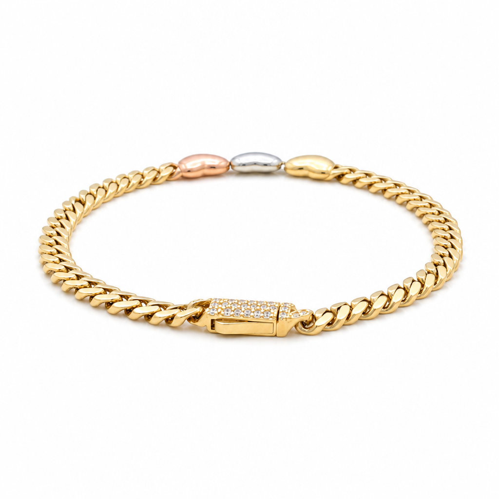 10K Yellow, White and Rose Gold Monaco Women's Bracelet with Hearts / Cz / Size: 7" 4MM / Weight: 4.8 GR / DQWB3T0HR
