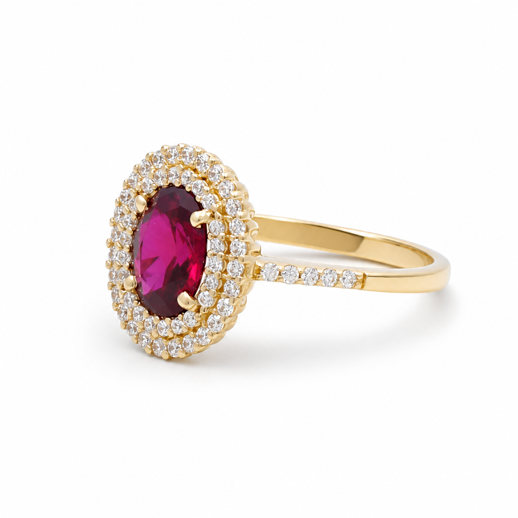 14K Yellow Gold Fashion Women's Rings with Red and White Cz Stone / Size: 7 / Weight: 3.2 GR / 308-00170