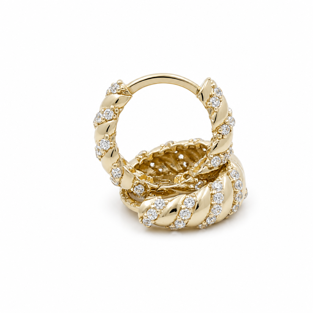10K Yellow Gold Fashion Hoops Earring with Cz Stone / Size: 4.4mm x 9.5mm / Weight: 2.0 GR /DQEH0FS4.4x9.5