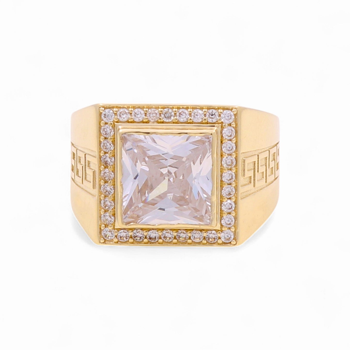 14K Yellow Gold Square Men's Greek Ring with and White Cz / Size 11 / Weight 8.6 GR / BOMR4FS-37
