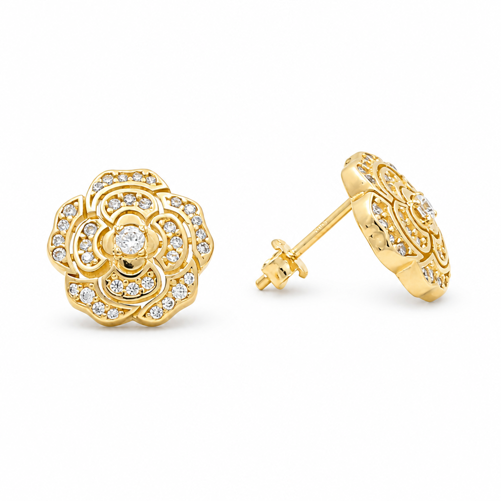 14K Yellow Gold Flower Women's Stud Earrings with Cz / Weight: 3.2 GR / DQES4FL