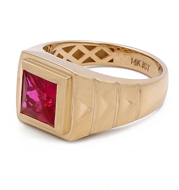 14K Yellow Gold SQ Fashion Men's Ring with Red Cz / Size: 11.5 / Weight 8.3 GR / BOMR4FS-49