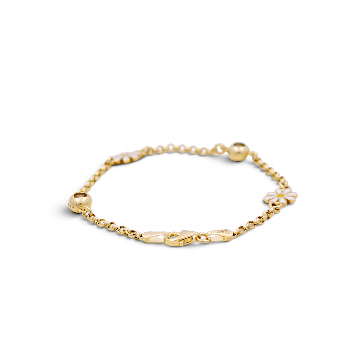 14K Yellow Gold Rolo Women's Bracelet with Flowers / Size: 6" / Weight: 3.1 GR / DCFWB4FL
