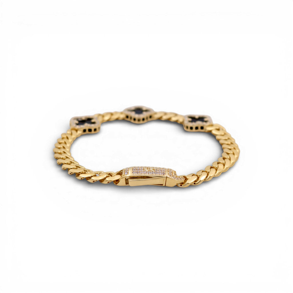 14K Yellow Gold Monaco Bracelet with Black Clover / CZ / Size: 7" 6MM / Weight: 12.6 GR/ COWB4MONCLV