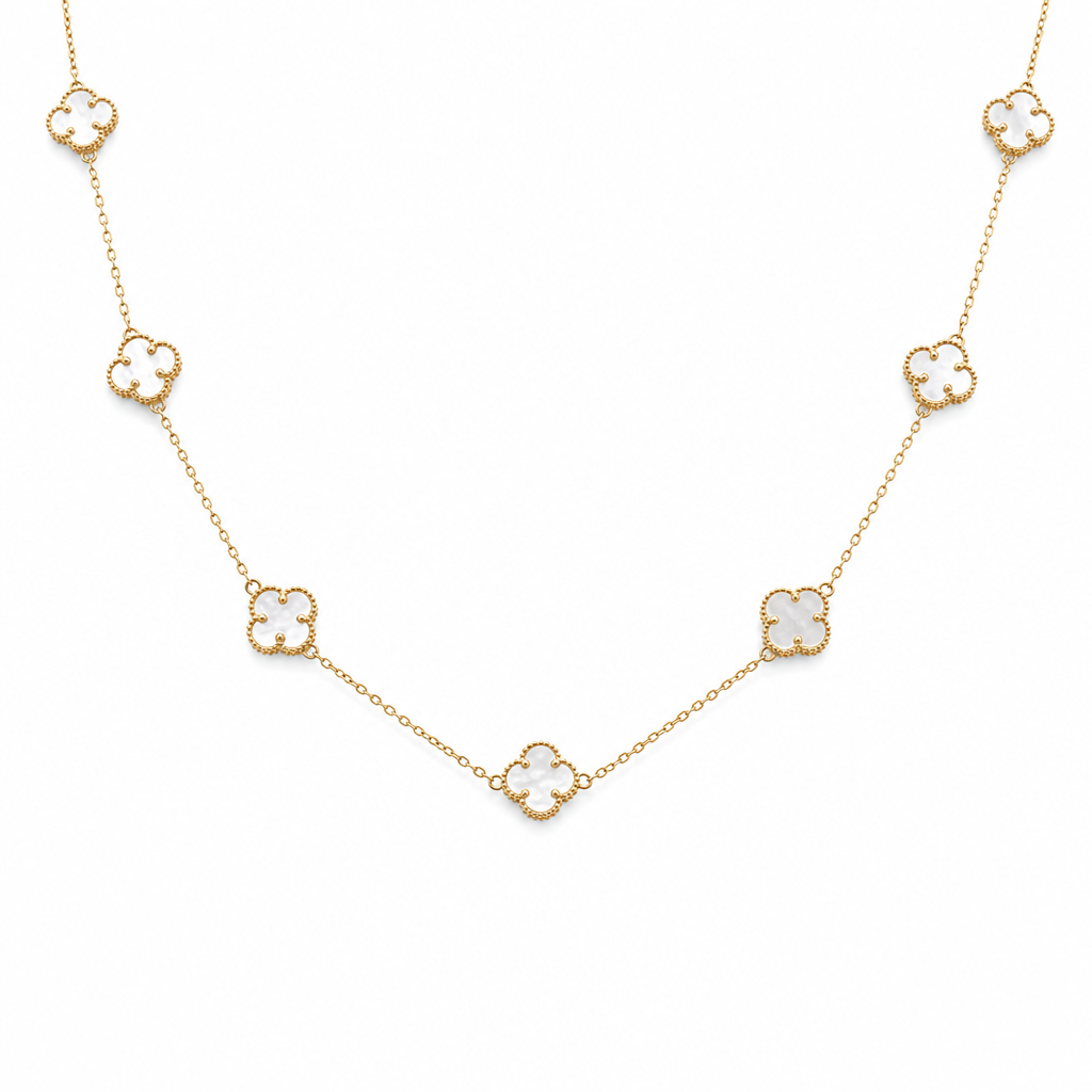 14K Yellow Gold Women's Necklace with Eleven Mother of Pearl Clover / Size: 17" 9mm / Weight: 6.7 GR / BONK4CLV-13