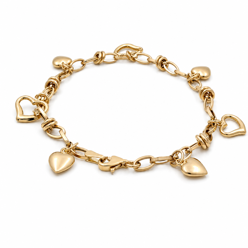 14K Yellow Gold Women's Bracelet With Open Link and Heart Charms / Size: 7.5" / Weight: 4.9 GR / 401-01897