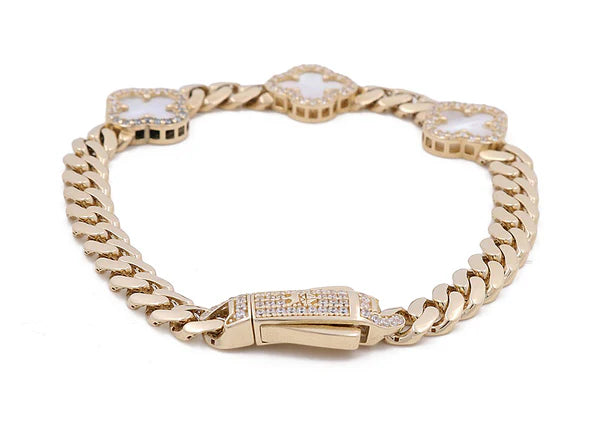 10K C Yellow Gold Monaco Bracelet w/ Mother of Pearl Stone Clover / Size: 7.5" / Weight: 11.5 GR / COWB0CLV-1