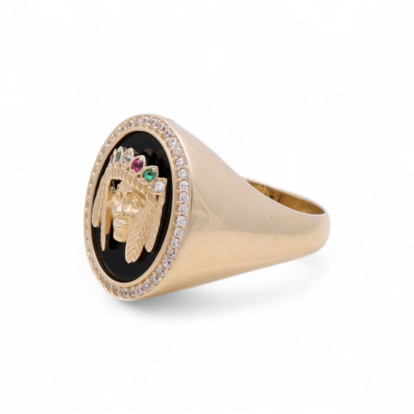 14K Yellow Gold Indian Oval Men's Ring with Onyx and Cz / Size: 10 / Weight: 8.1 GR / CQMR4IN-1