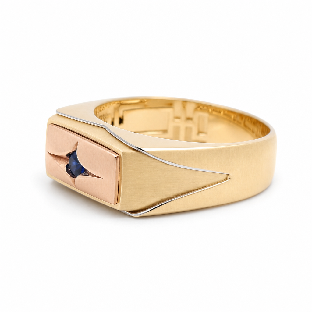 14K Yellow and Rose Gold Fashion Men's Ring with Blue Cz / Size: 10 / Weight: 4.3 GR / DQMRTT4FS-3