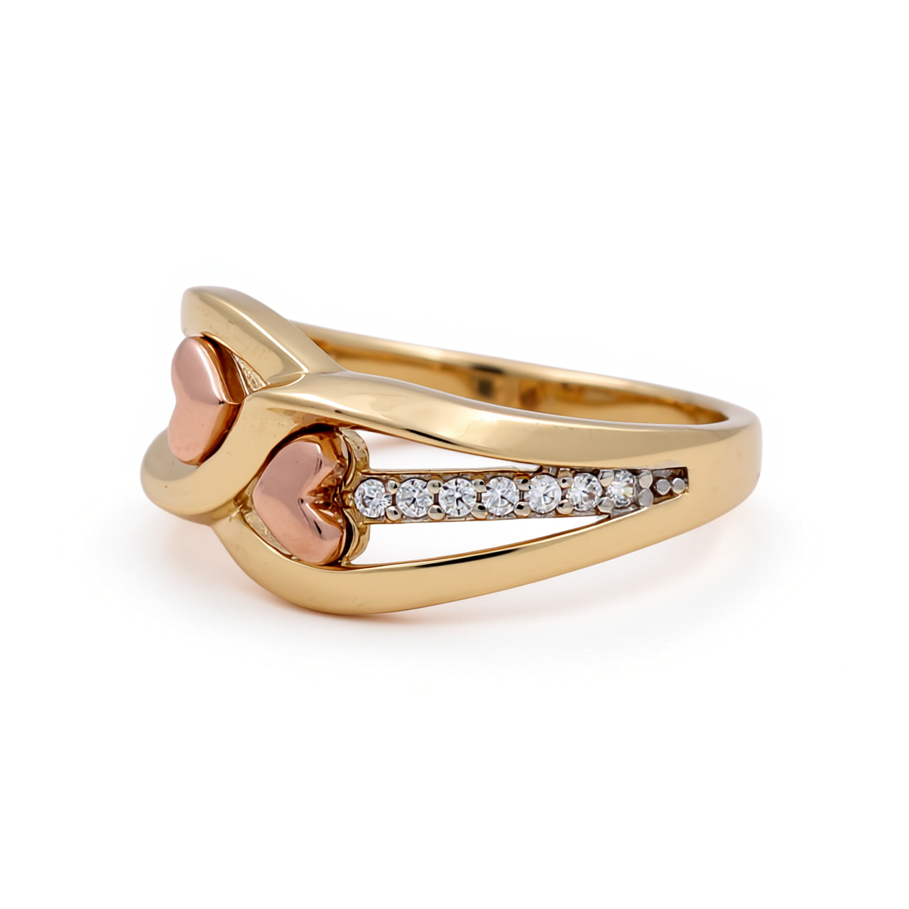 14K Yellow and Rose Gold Two Hearts Women's Ring with Cz / Size: 7 / Weight: 3.3 GR / CEEWRTT4HR