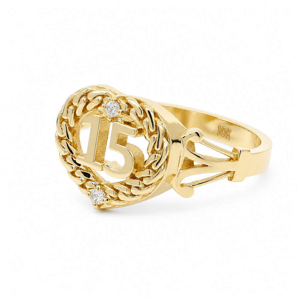 10K Yellow Gold Quinceanera Women's Ring with Heart and Cz / Size: 8 / Weight: 3.3 GR / LLBWR0HR15-1