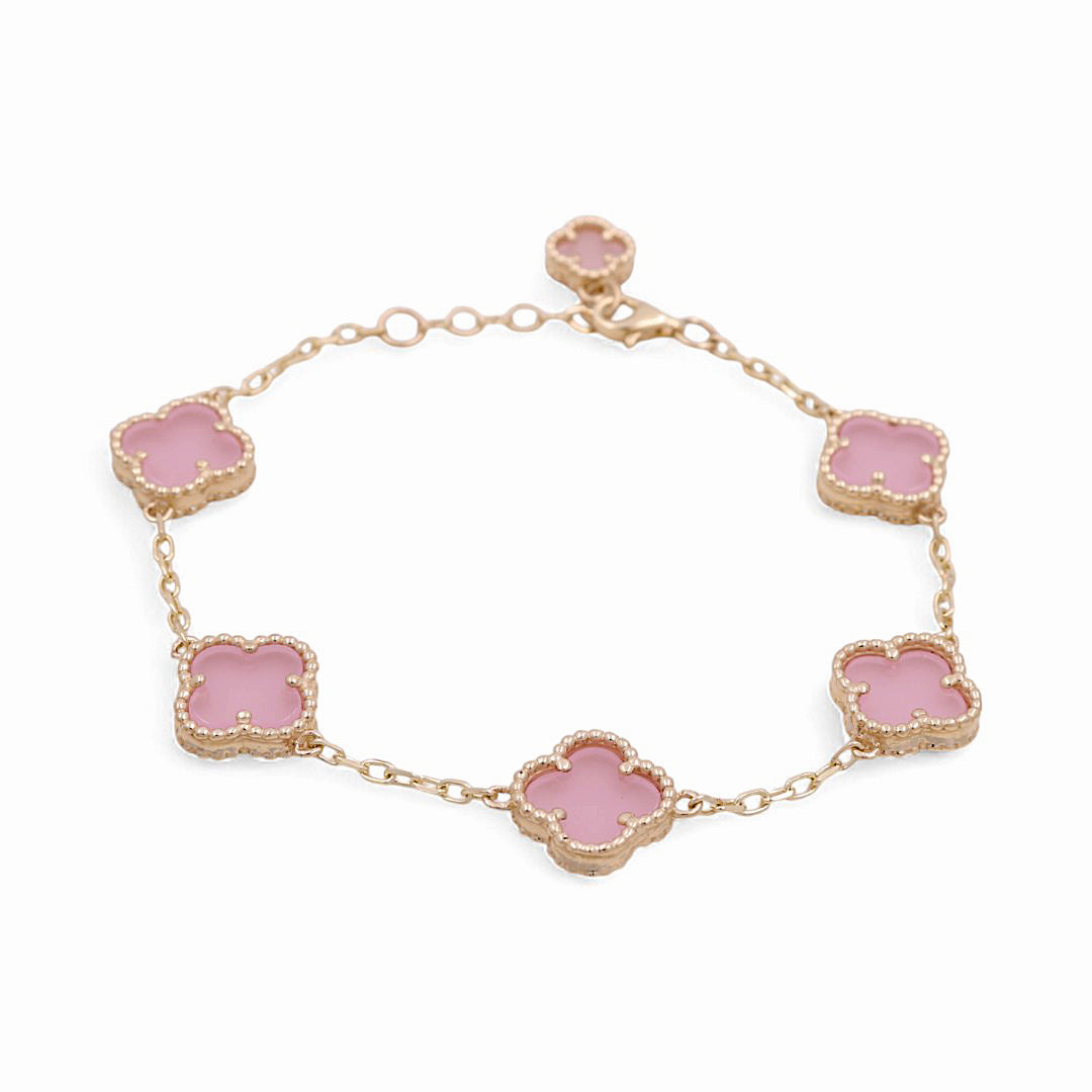 14K Yellow Gold Women's Bracelet with 5 Pink Clover / Size 7" / Weight 8.5 GR / BOWB4CLV-6