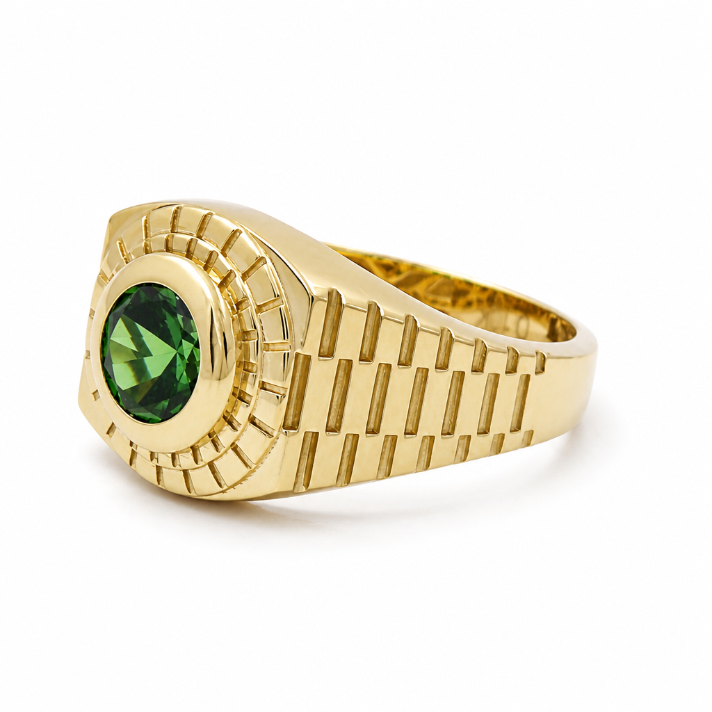 10K Yellow Gold Fashion Men's Ring with Green Stone / Size:10 / Weight: 4.5 GR / DQMR0FS-12