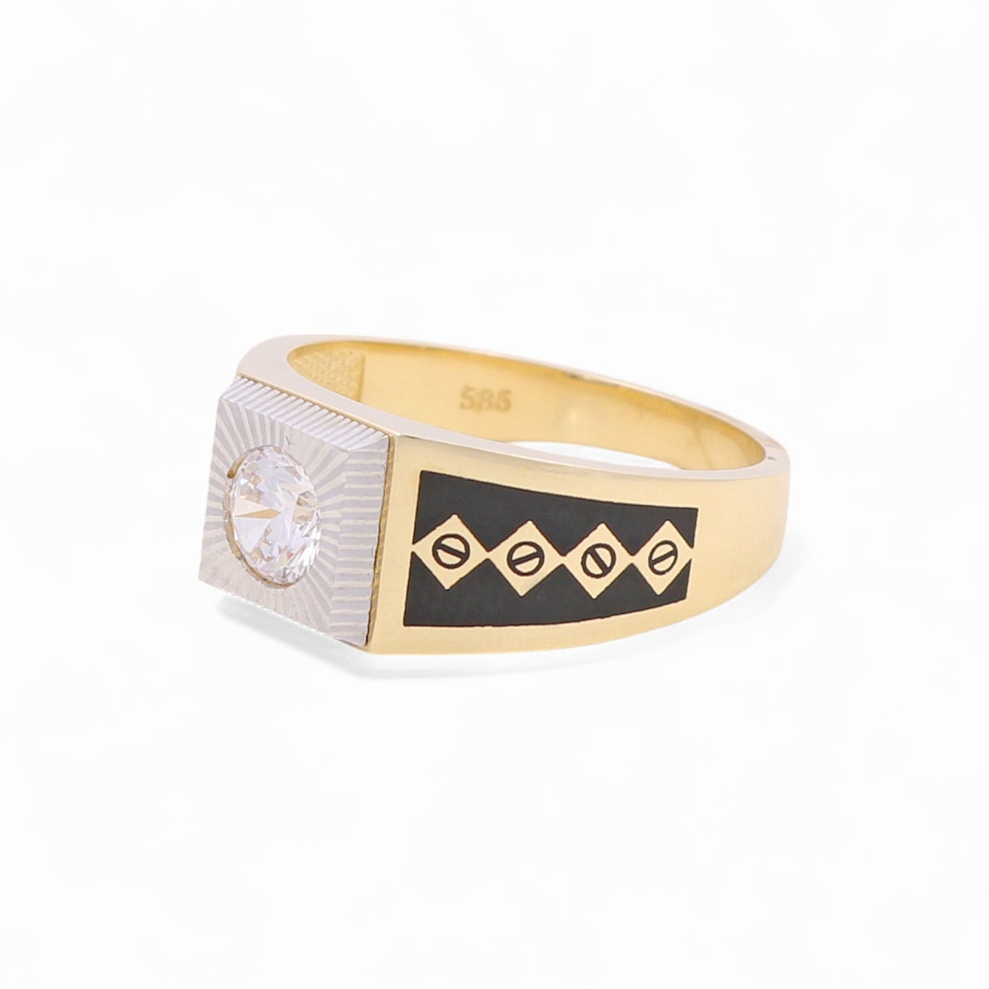14k Two Tone Square Men's Ring with Black Enamel and Cz / Size 11 / Weight 6.5 GR / COMR4SQTTBECZ-1