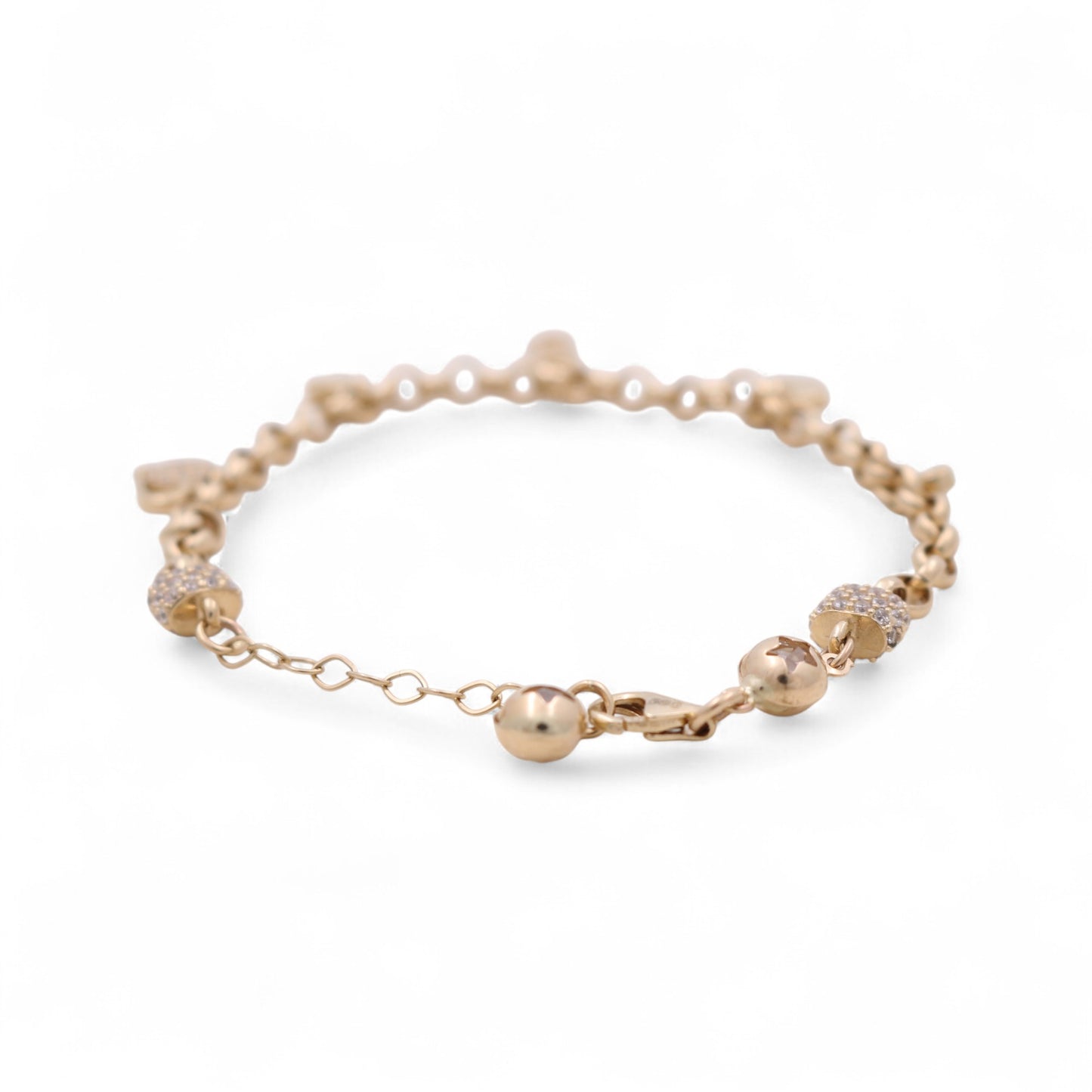 14k Yellow Gold Rolo Link Women's Bracelet with Charms and Cz / Size: 7.5" / Weight: 6.2 GR / CCFWB4FS-2