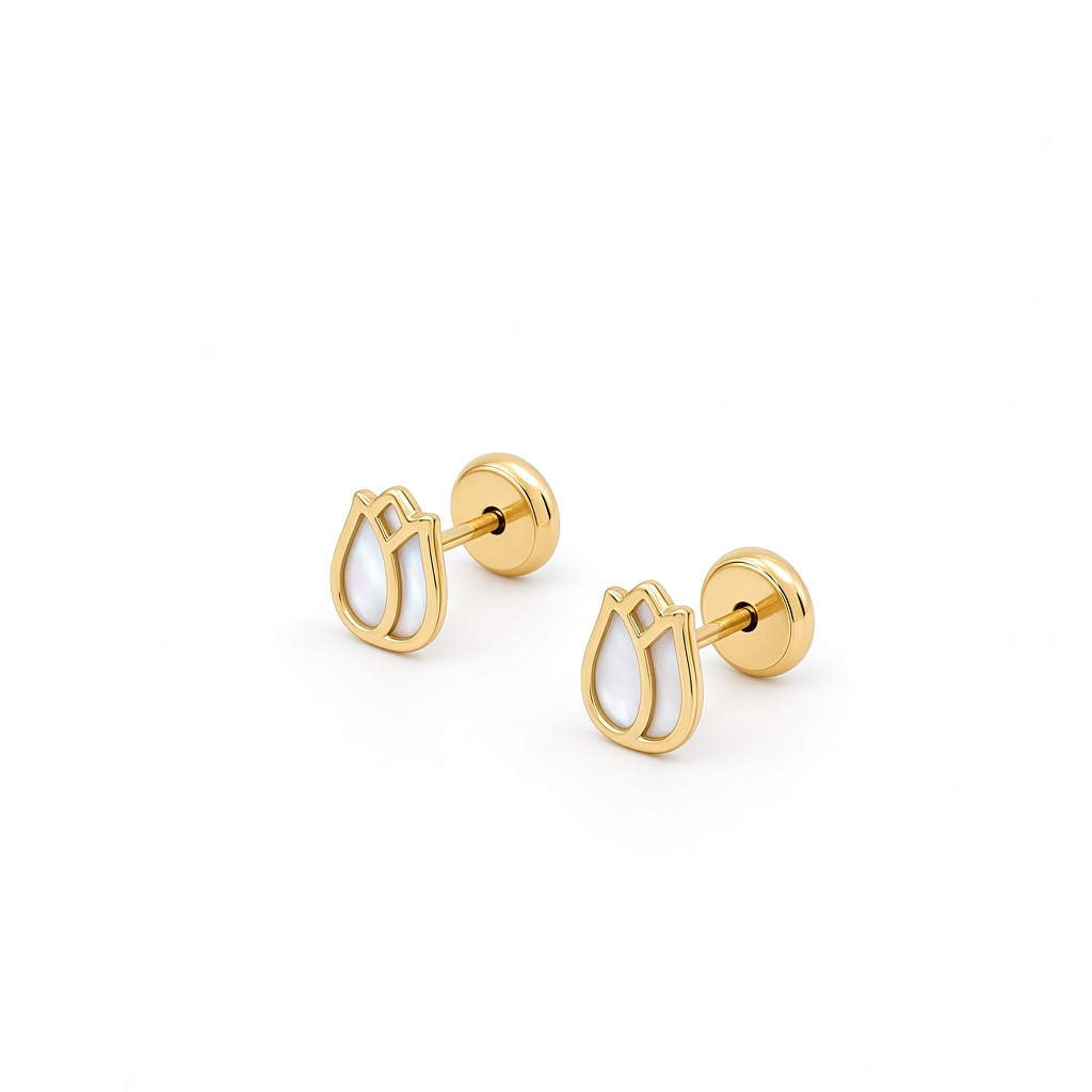 14K Yellow Gold Flower Stud Earrings with Mother of Pearl / 6-490701PN