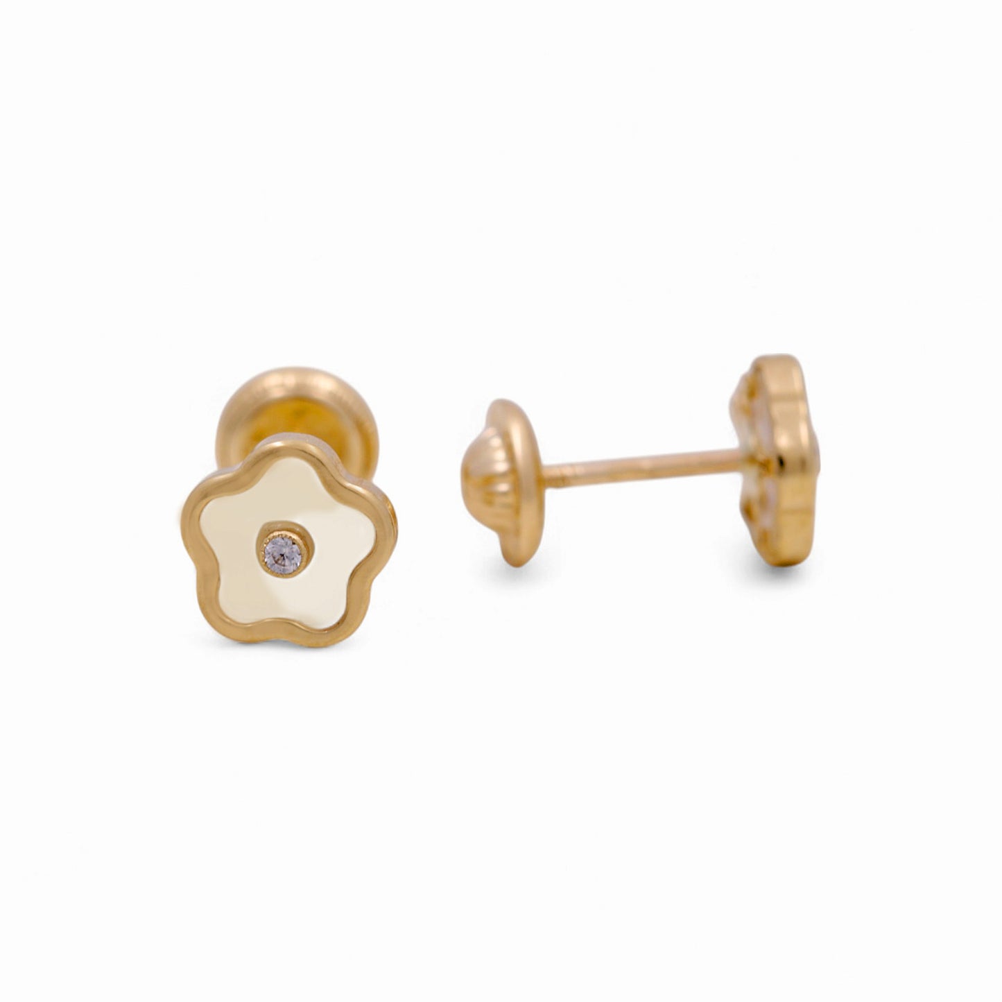 14k Yellow Gold Flower Stud Earrings with Mother of Pearl and Cz / 6-917801PN