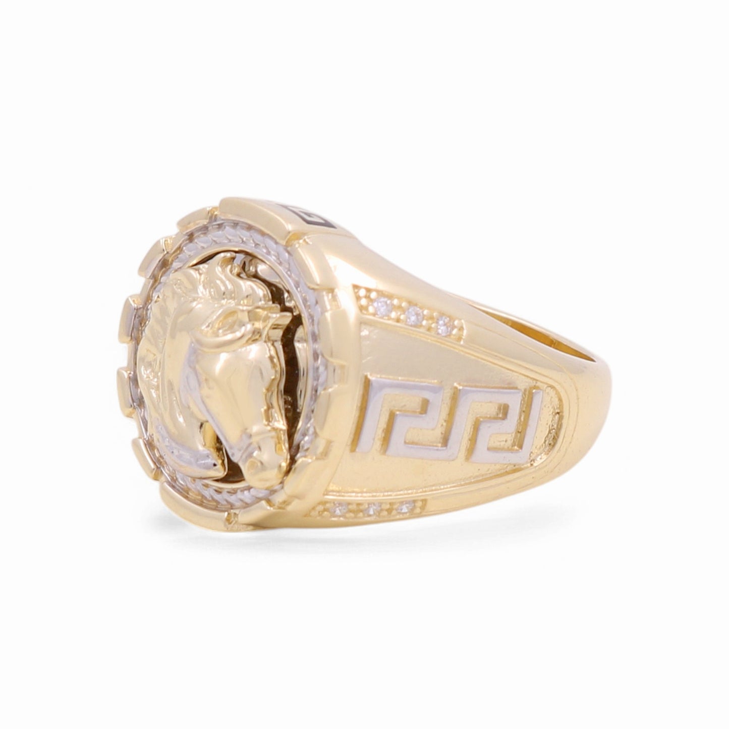 14K Yellow and White Gold Horse Men's Ring with Greek and Cz / Size: 10 / Weight: 12.3 GR / KEEMRTT4HR