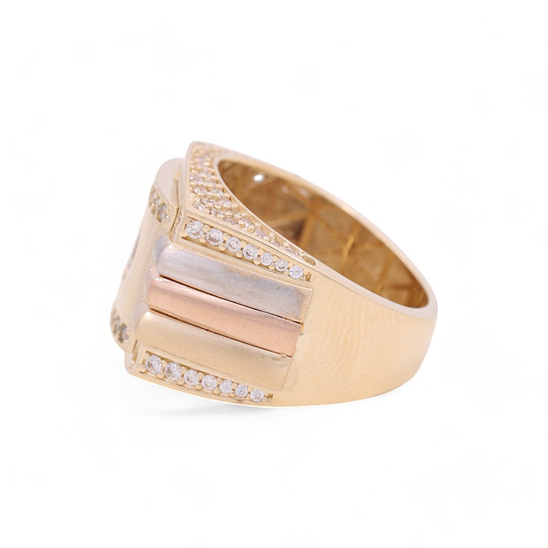 14K Yellow White And Rose Gold Men’s Ring / CZ / White Stones / Size 9.5 / Weight: 10.2 GR / COMR3T4FS-2