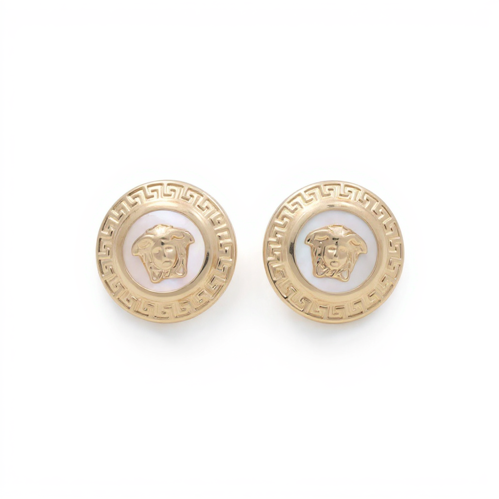 10K Yellow Gold Round Medusa's Stud Earrings with Greek and Mother of Pearl / Weight: 2.1 GR / CQES0VS