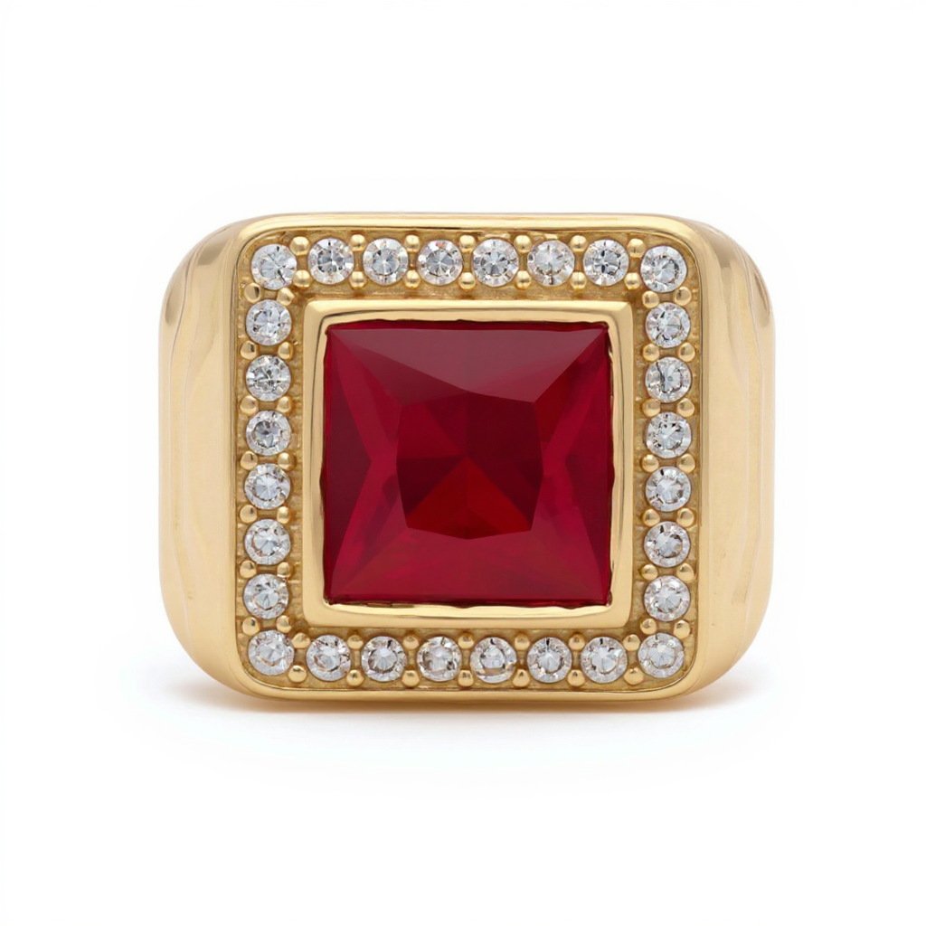 14K Yellow Gold Fashion Square Men's Ring with Red Cz / Size 11 / Weight 11.7 GR / BOMR4FS-38