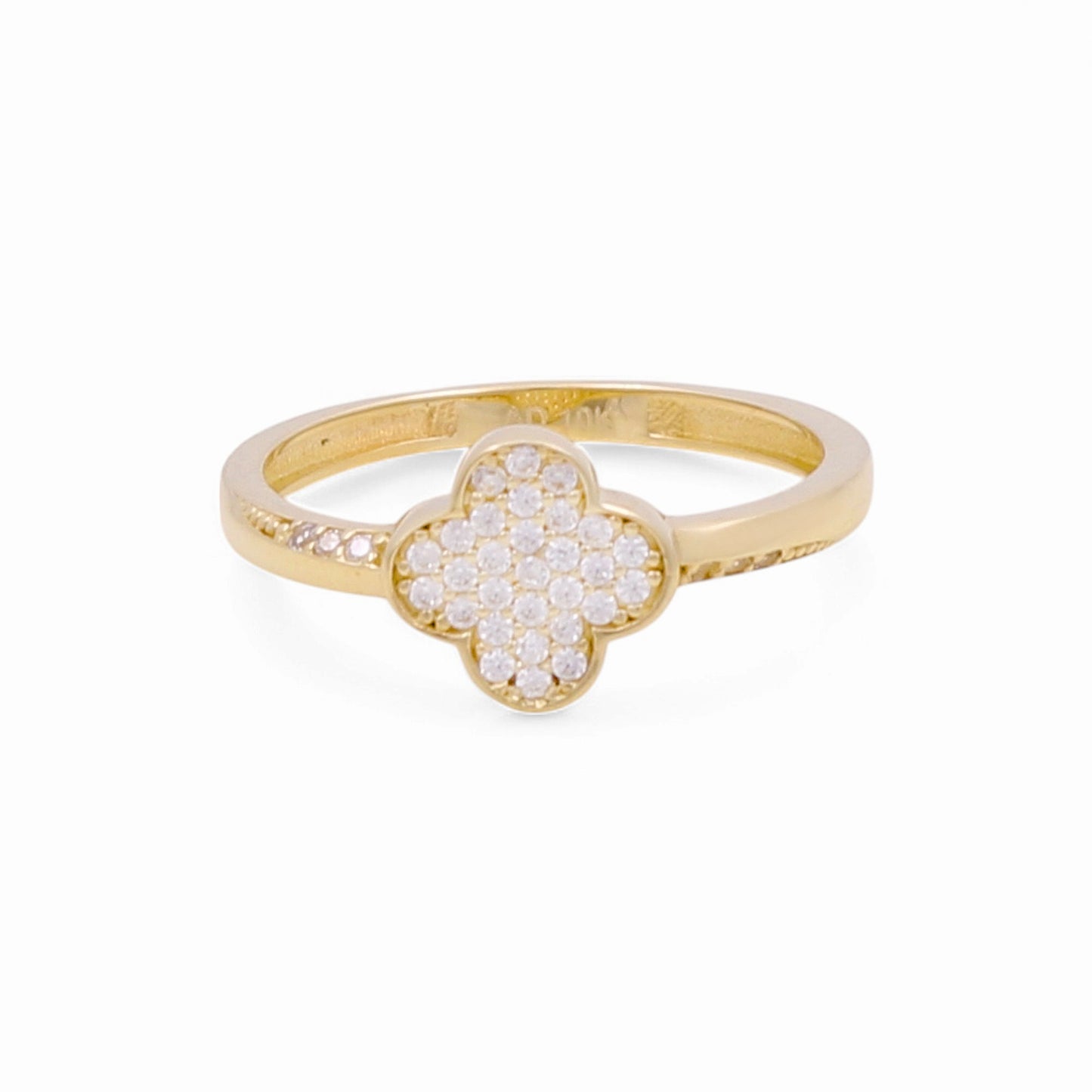 10K Yellow Gold Clover Women's Ring with White Cz / Size: 7.5 / Weight: 1.6 GR / P03R-2595