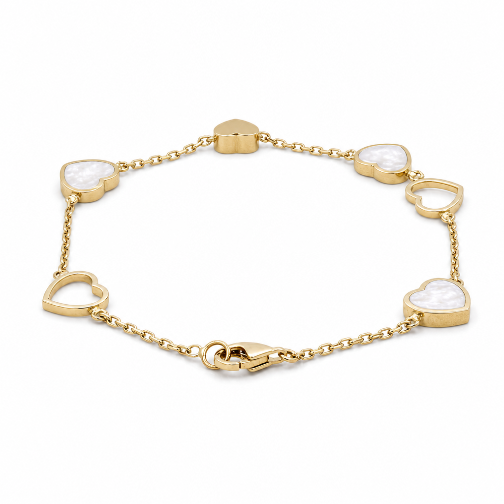 10K Yellow Gold Fashion Mother or Pearl Hearts Women's Bracelet / Cz / Size: 7” / Weight: 4.4 GR / CQWB0FSHR